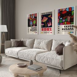 yayoi kusama print set for home decor - japanese art framed, yayoi kusama inspired wall art trio - set of 3 eye-catching