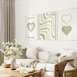 green poster set of 3, sage green wall art, room decor aesthetic posters, retro wavy art prints, peace poster, 3 piece t