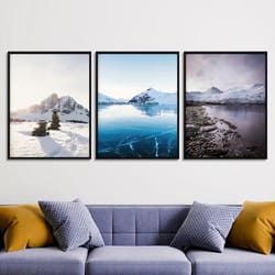 landscape light blue wall art ocean and mountain wall art set print living room nature poster set of 3 canvas bedroom 3