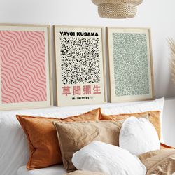 set of 3 yayoi kusama, yellow wall art, green posters, beige wall art, famous artists modern gallery wall home decor-1