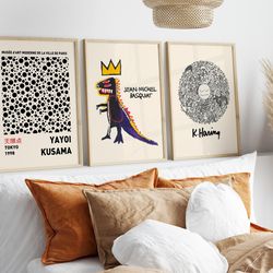 set of 3 yayoi kusama, basquiat, keith haring, yellow grey wall art, beige gallery wall art, famous artists wall art