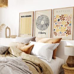 set of 3 yayoi kusama, keith haring and matisse, yellow wall art, yellow posters, beige wall art, famous artists art