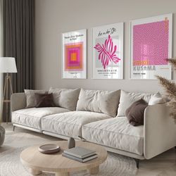 stunning 3 piece print set for pink gallery wall, matisse print, yayoi kusama, exhibition poster set, trendy wall art, a