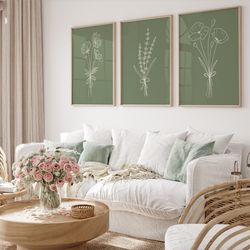 gallery wall set of 3 prints, sage green flowers, line flowers art, flowers prints, sage green poster, minimalist wall a