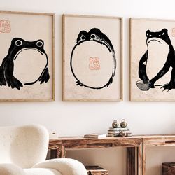 japanese matsumoto hoji frog set of 3, vintage frog art poster, ukiyo-e frog print art, japanese frog wall art, wall dec