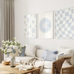 light blue poster set of 3, minimalist sky blue aesthetic room decor, retro poster set, cute trendy wall art, abstract b