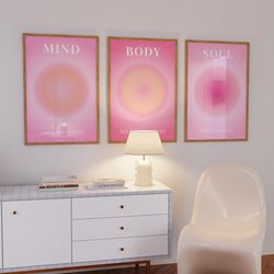 mind body soul positive aura posters set of 3 prints, spiritual gradient 3 piece wall art, y2k aesthetic room decor hot