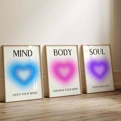 mind body soul retro heart aura poster 3 piece wall art, aura energy spiritual gradient wall art, set of 3 prints y2k ae