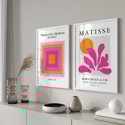 pink and orange wall art prints, matisse print, minimalist pink room decor, 2 piece wall art, pink exhibition print set