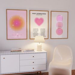 pink aura posters 3 piece wall art, retro positive energy gradient set of 3 prints, y2k aesthetic room decor, printable