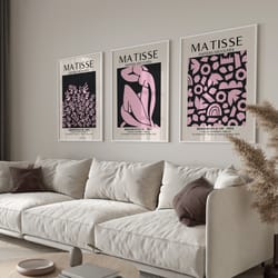 pink black matisse print set of 3, gallery wall set, abstract printable wall art, henri matisse exhibition poster, exhib