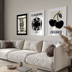 retro trendy wall art set of 3, funky dorm decor, lucky you poster, queen of hearts wall art, keith haring print, cherry