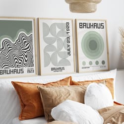 set of 3 bauhaus exhibition poster, soft sage green bauhaus print set, modern bauhaus wall art, bauhaus art gallery wall