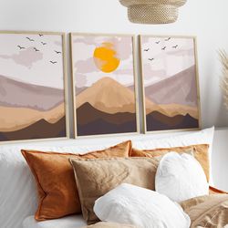set of 3 boho landscape abstract wall art prints, nordic wall decor posters, scandinavian wall art, brown sunset wall ar