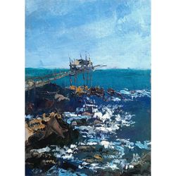 Ocean surf and rocky shore Painting 7x5" ORIGINAL lagoon ART Impressionist Seascape Signed by artist Marina Chuchko