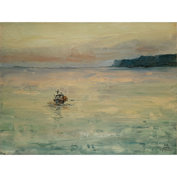 Boat at Yellow Sunset painting size 6 by 8 inches is sale unframed.