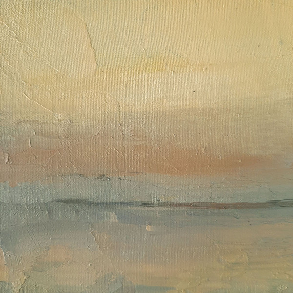 Little by little sunset yellow color spread across the sky. Fragment of a close-up original sea Painting.