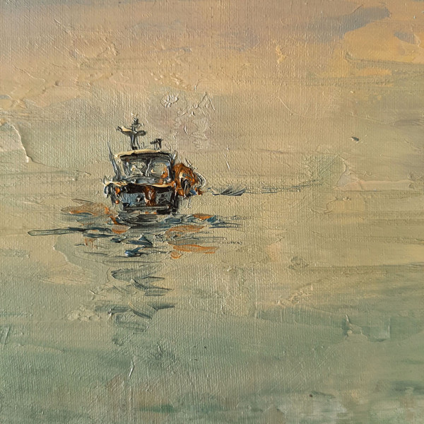 Boat it is free, and it is carried by the waves. Fragment of a close-up Original Ocean Painting.