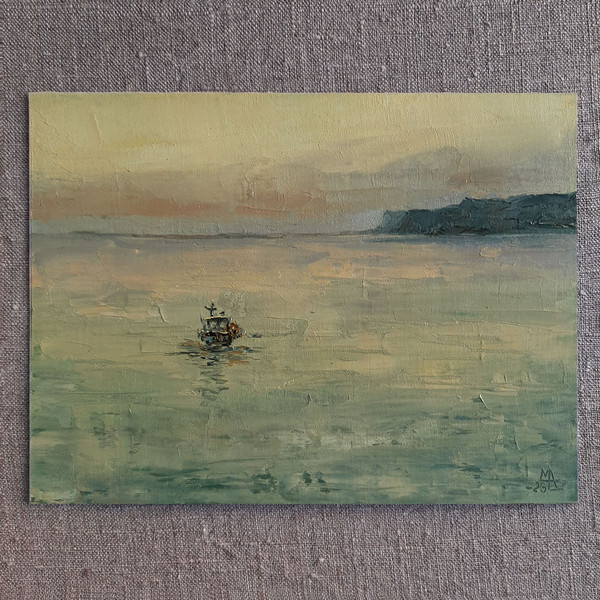Yellow sunset. Boat art hand painted by artist with palette knife. The Oceanscape can be hung on the wall in the living room, bedroom or office.