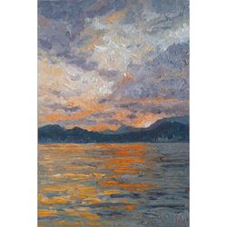 Seascape Golden Sunset Painting 6x4" ORIGINAL ART Impressionist Small sea artwork Signed by artist Marina Chuchko