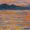 Far coast. Central Fragment of a close-up Original Sea at Sunset painting on canvas cardboard.