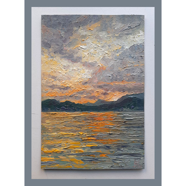 The Original painting "Golden Sunset clouds on sea" is ideal for a bedroom or a living room where you want to create a cozy and relaxing space.
