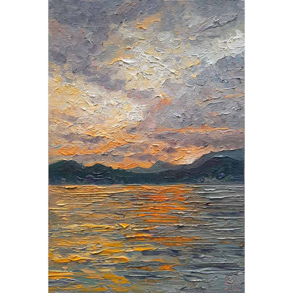 Small Sunset art with an expressive texture adds something unusual and beautiful to interior, this can be a great accent in the interior.