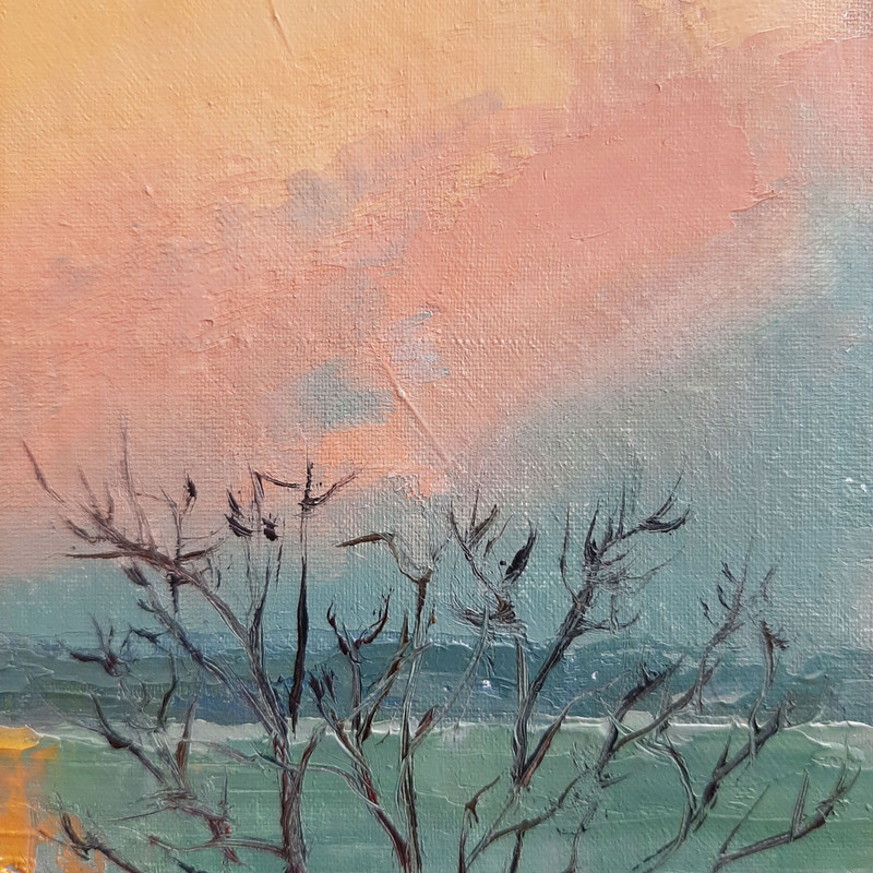 Textural strokes that emphasize the volume and texture of Peach sky over the sea at sunset. Can feel the warmth of the sun.