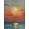 The ocean at Red Sunset painting size 7 by 5 inches hand painted by artist with palette knife.