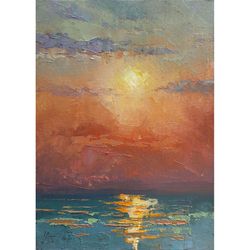 Red Sunset in an Ocean Painting 7x5" ORIGINAL seascape Impressionist red sky artwork Signed by artist Marina Chuchko