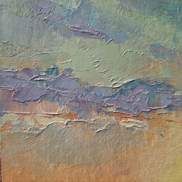 Textural strokes that emphasize the volume and texture of purple clouds over the setting sun.