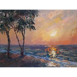 Palm Tree Sunset Painting 7,1x9,4" ORIGINAL Seascape ART Impressionist Sea Painting Signed by artist Marina Chuchko