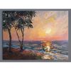 The painting depicts palm trees against the background of a sunset that is reflected in the ocean.