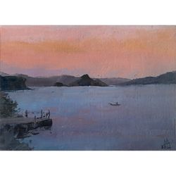 Calm Peach Sunset Painting 5x7" ORIGINAL ART Impressionist Small oil sea artwork Signed by artist Marina Chuchko