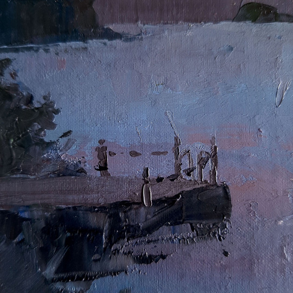 Empty pier in the evening Fragment of a close-up Oil peach Sunset painting.