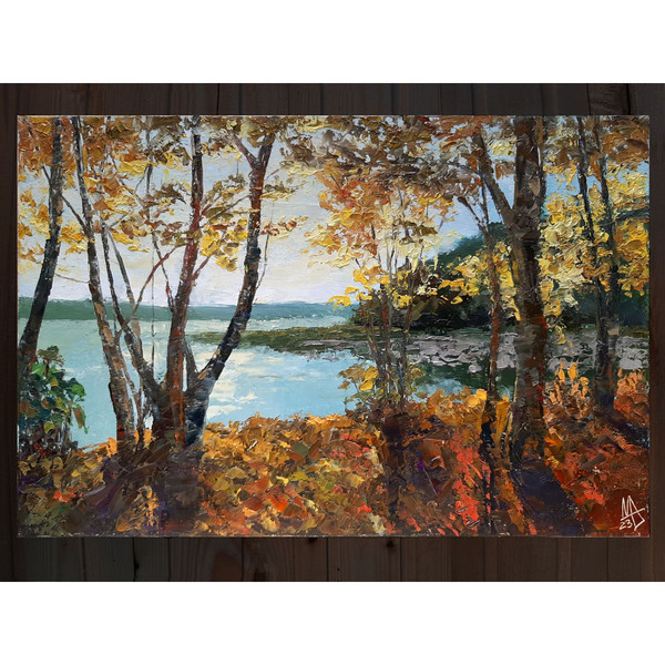 Bright sunny Landscape. River painting size 8 by 12 inches is sale unframed.