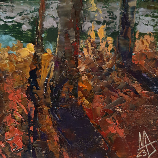 In the lower right-hand corner of the River Landscape Painting is artist's signature.