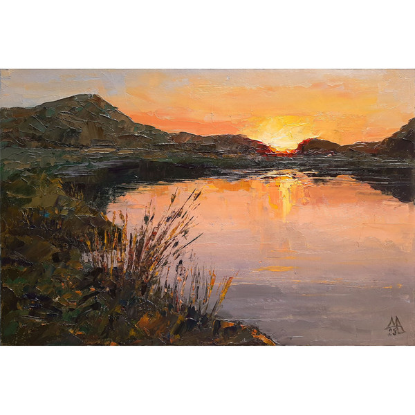 Sunset Landscape. Lake painting size 8 by 12 inches is sale unframed.