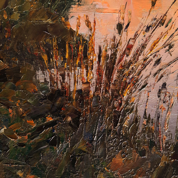 Textural strokes emphasize the volume and texture of reeds on the lake shore.