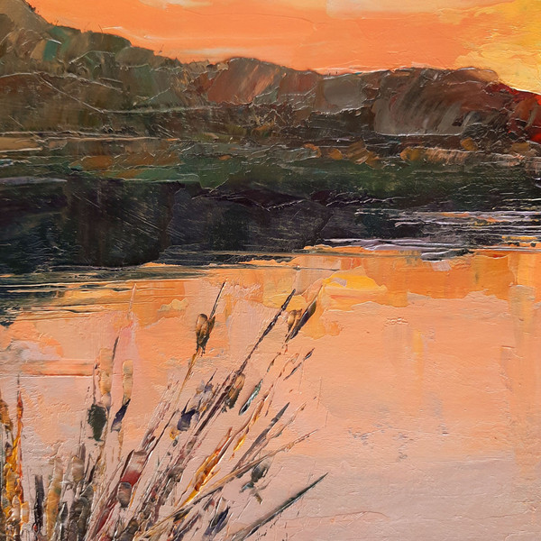 Calm lake in peach tones Fragment of a close-up Sunset painting.