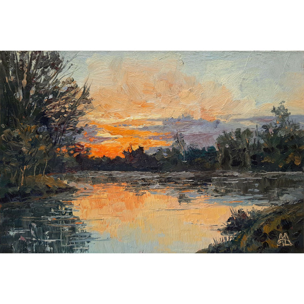 Pond Landscape. Sunset painting size 6 by 9 inches is sale unframed.