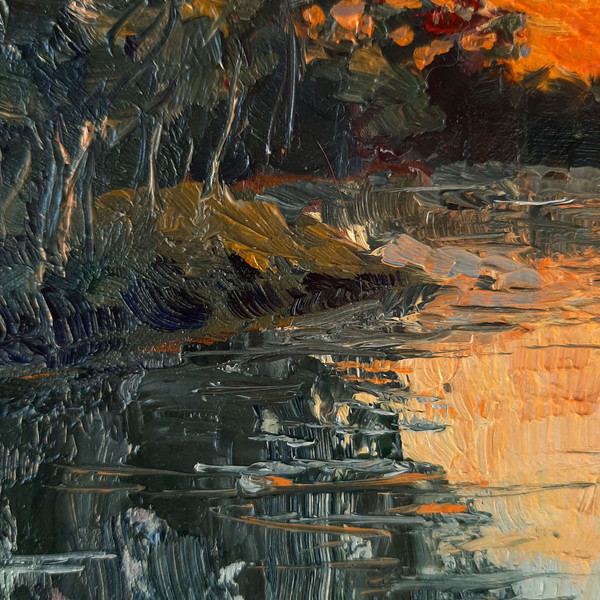 Textural strokes emphasize the volume and texture of reeds on the Pond shore.