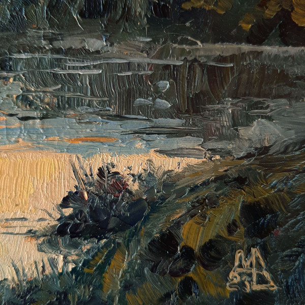 In the lower right-hand corner of the Landscape Pond Painting is artist's signature.