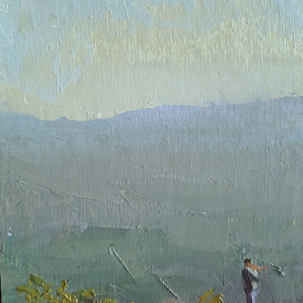 The sun casts its muted light on the scene. Fragment of a close-up Mountains Original painting.