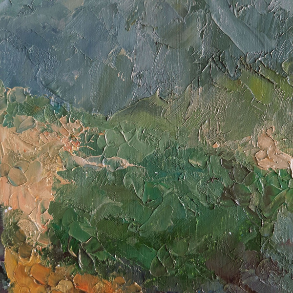Textural strokes that emphasize the volume and texture of trees. Fragment of a close-up Original art open landscape.