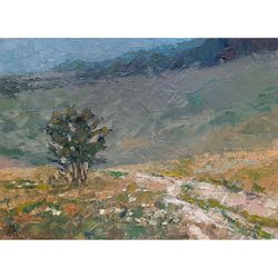 Hill Tree Painting 8x11" Path landscape ORIGINAL Painting Impressionist Summer ART Signed by artist Marina Chuchko