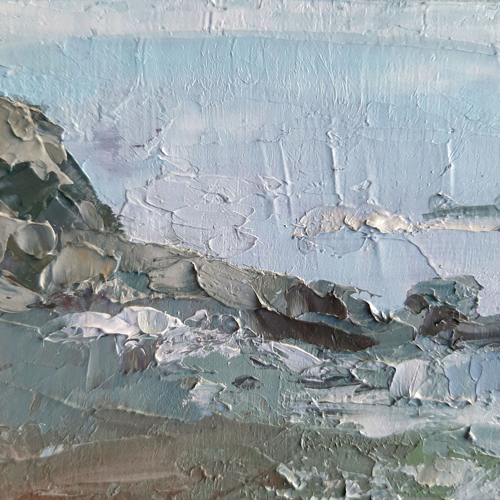 There are large boulders and rocks on the shore around it The wet stones were overgrown with moss