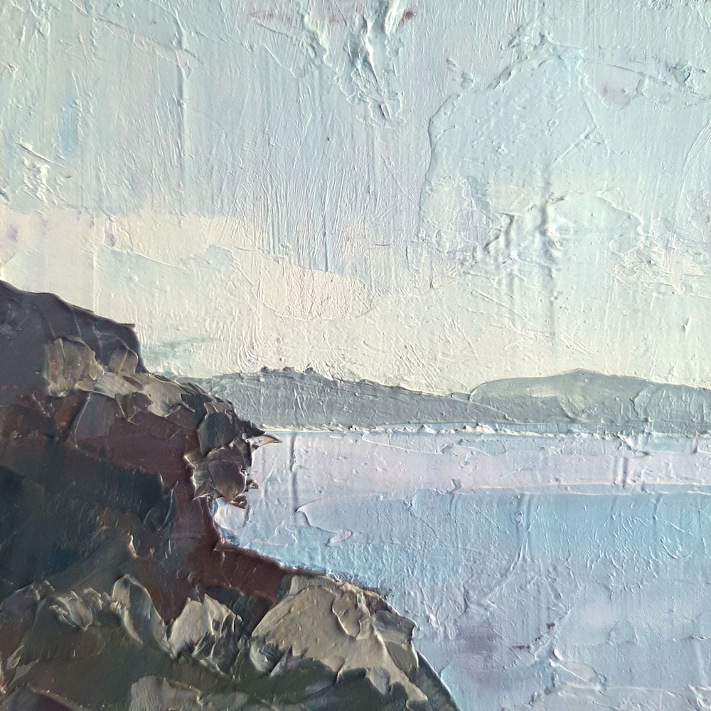 The painting the series Sea Fog uses unsaturated and cool shades of blue green and brown colors