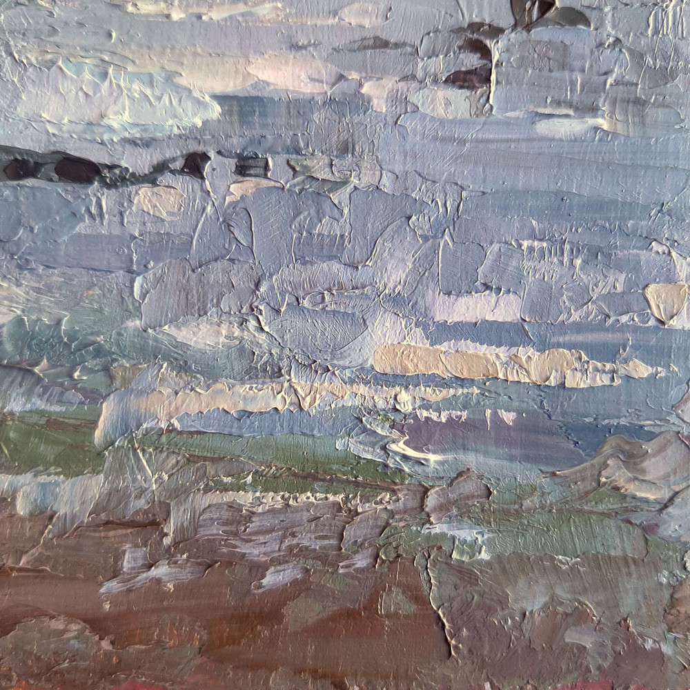 Sea swell creates huge breaking waves Textural strokes that emphasize the texture of rocky beach