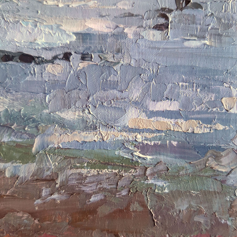 Sea swell creates huge breaking waves Textural strokes that emphasize the texture of rocky beach